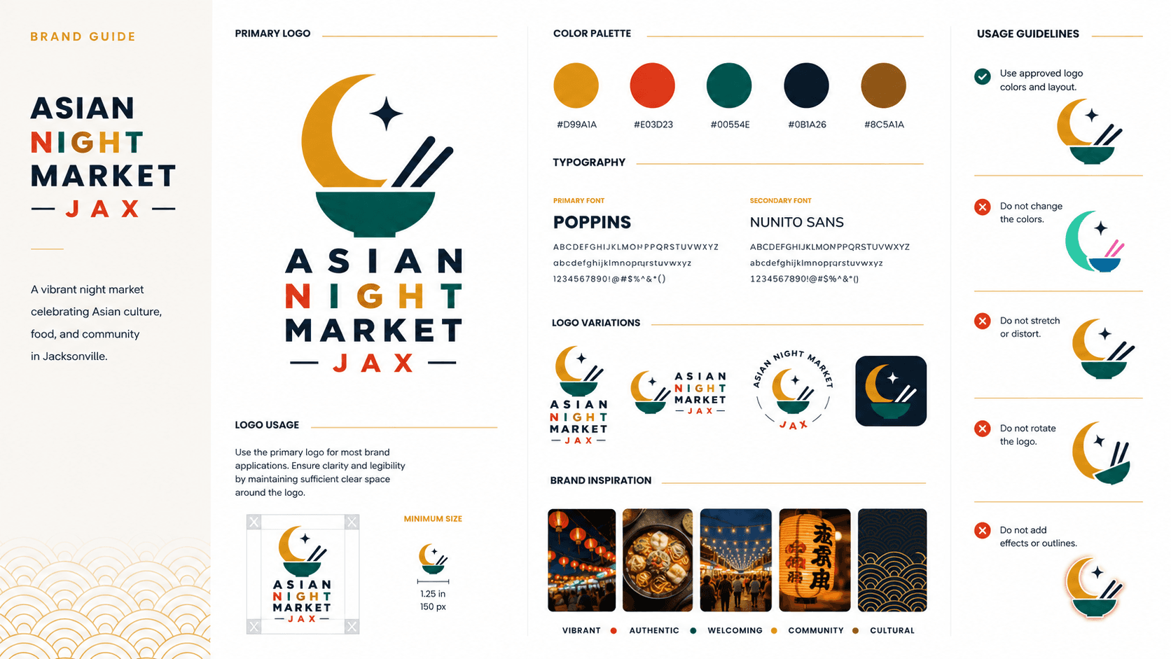 Asian Night Market Jax brand guide showing the approved logo, palette, typography, variations, inspiration, and usage rules