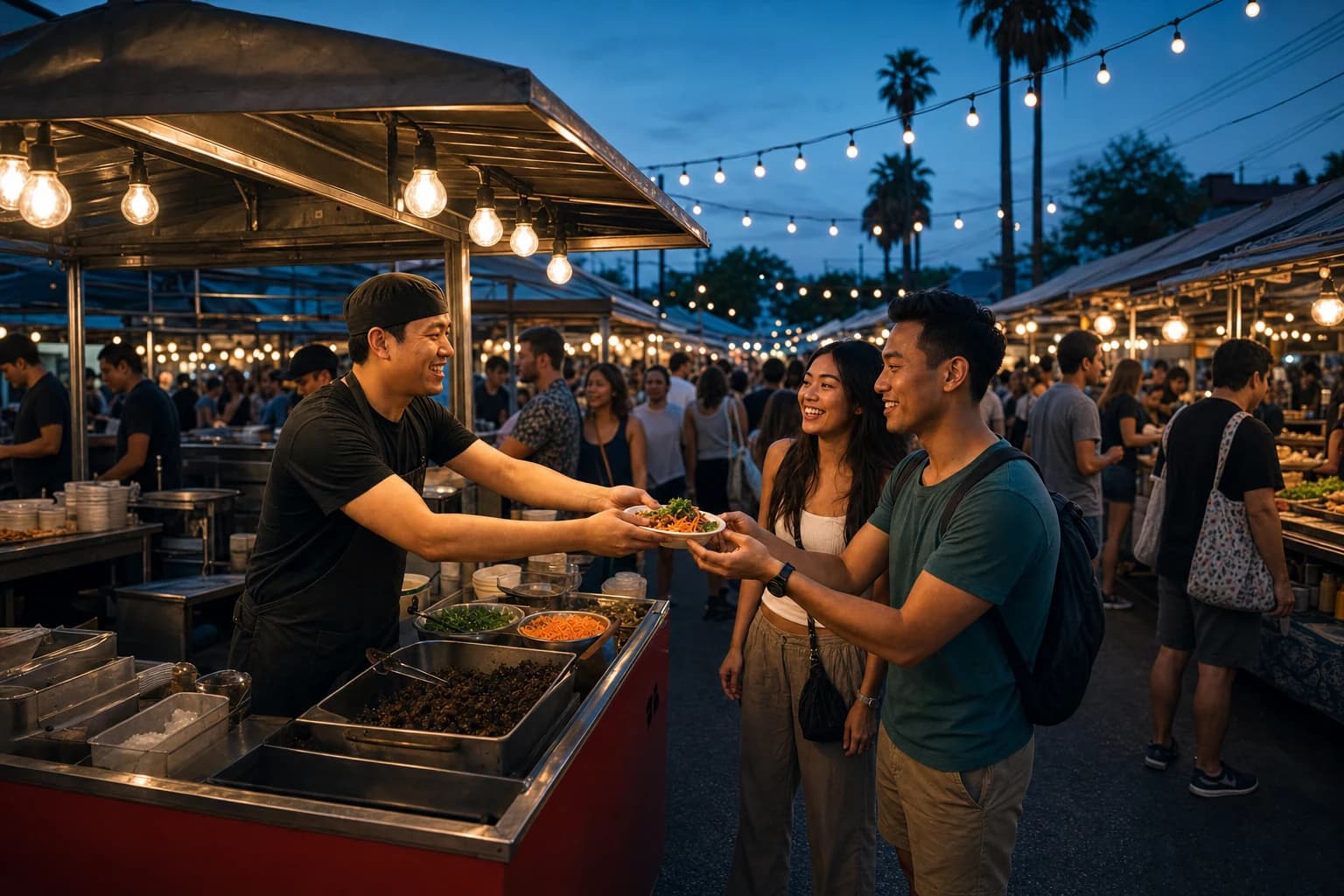 Night market vendor serving food to guests in a lively conceptual photography scene