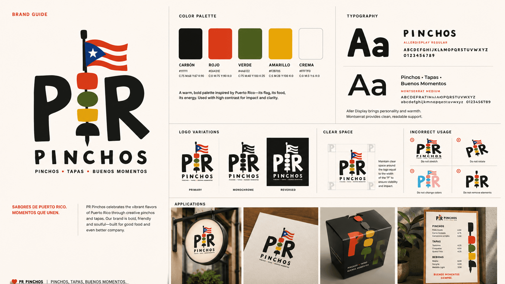 Guía de la identidad de PR Pinchos con logo, colores y tipografía