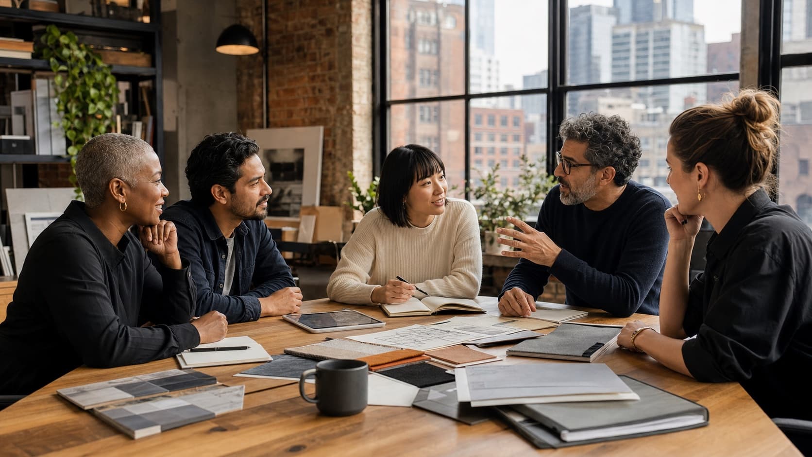 A diverse team of five strategists collaborating in an urban design studio