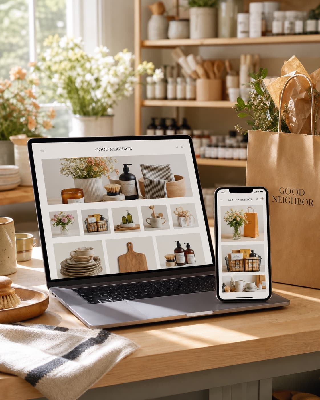 Good Neighbor Market online shop displayed on a laptop and smartphone