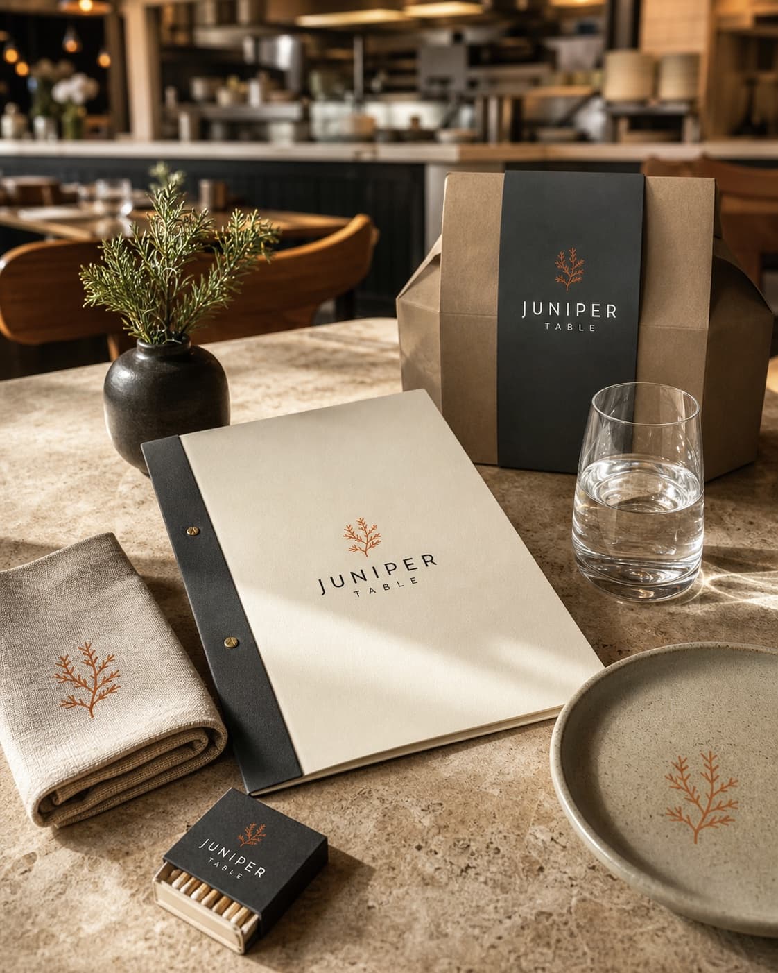 Juniper Table restaurant menus, packaging, and tableware in a warm dining room