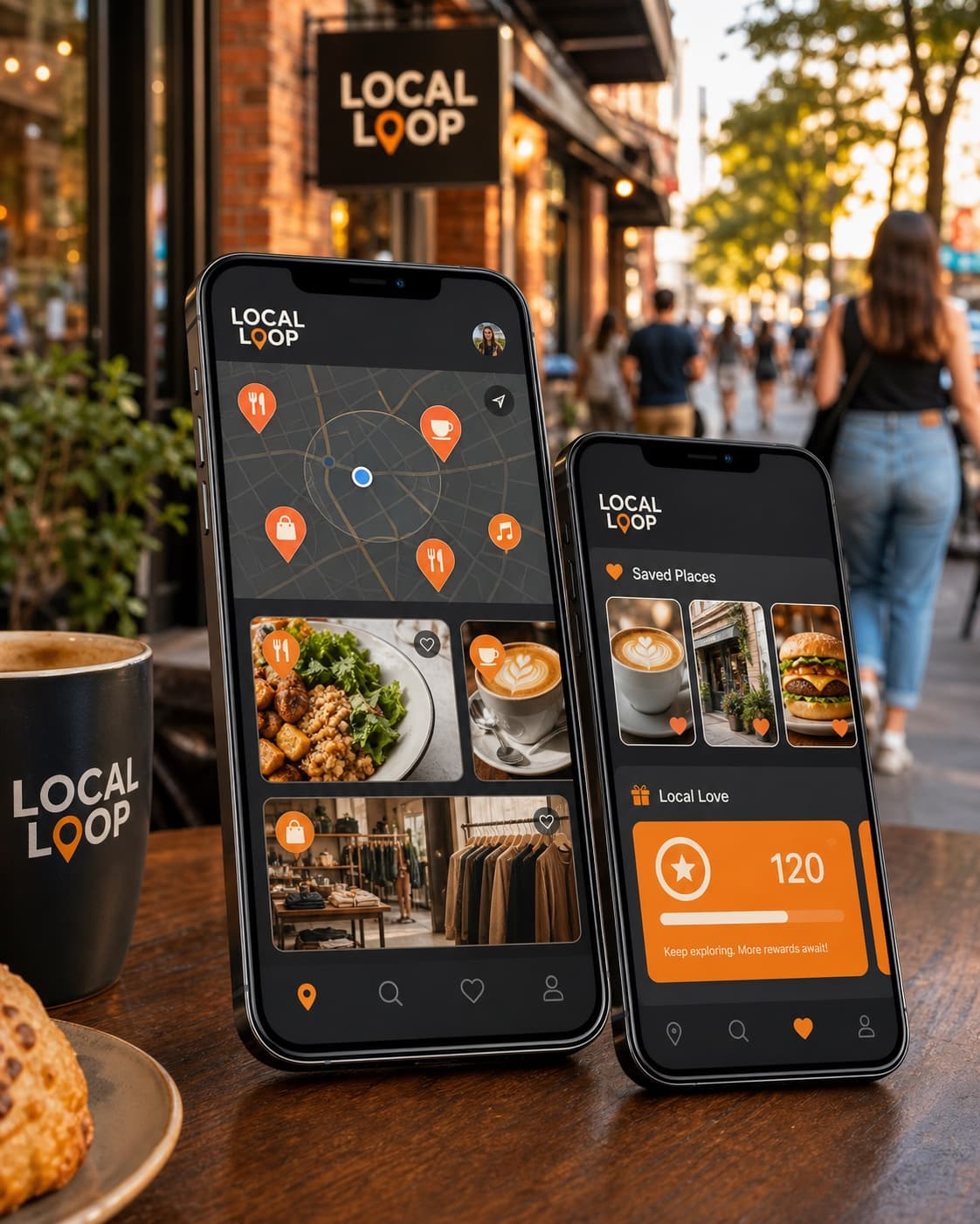 Local Loop mobile app showcasing nearby restaurants, shops, and neighborhood destinations