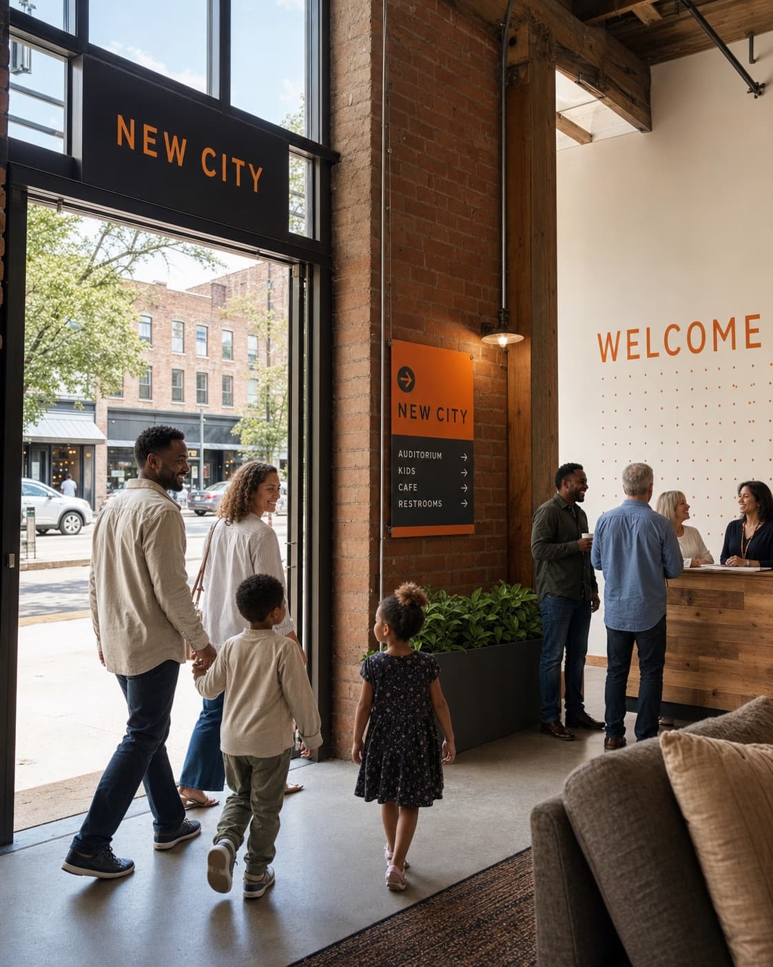 Families entering New City Church through a welcoming branded neighborhood lobby